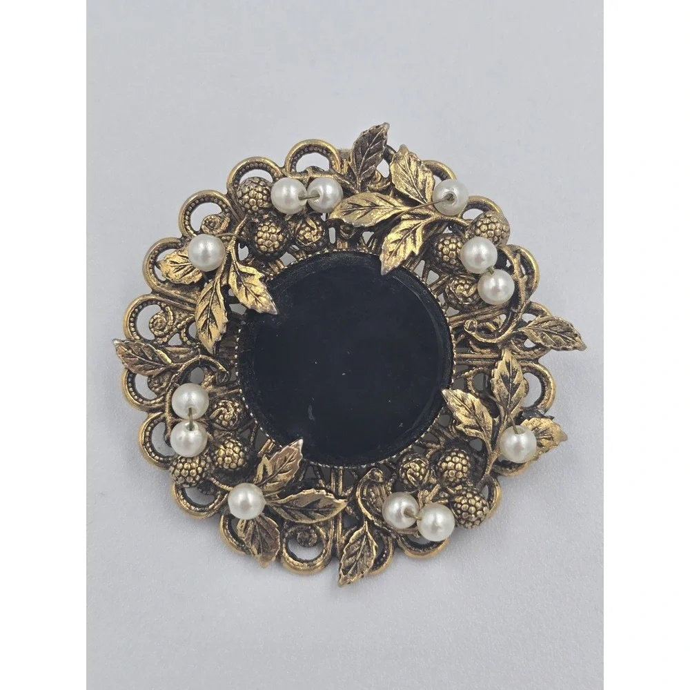 Vintage Gold Tone Filigree Black Cabochon Faux Pearl Mourning Brooch Pin Pendant